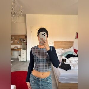 Zara Contrast Knit Mesh Navy Top